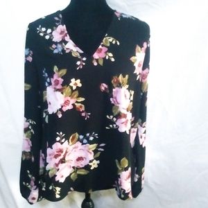 Monteau womens black floral long sleeve blouse